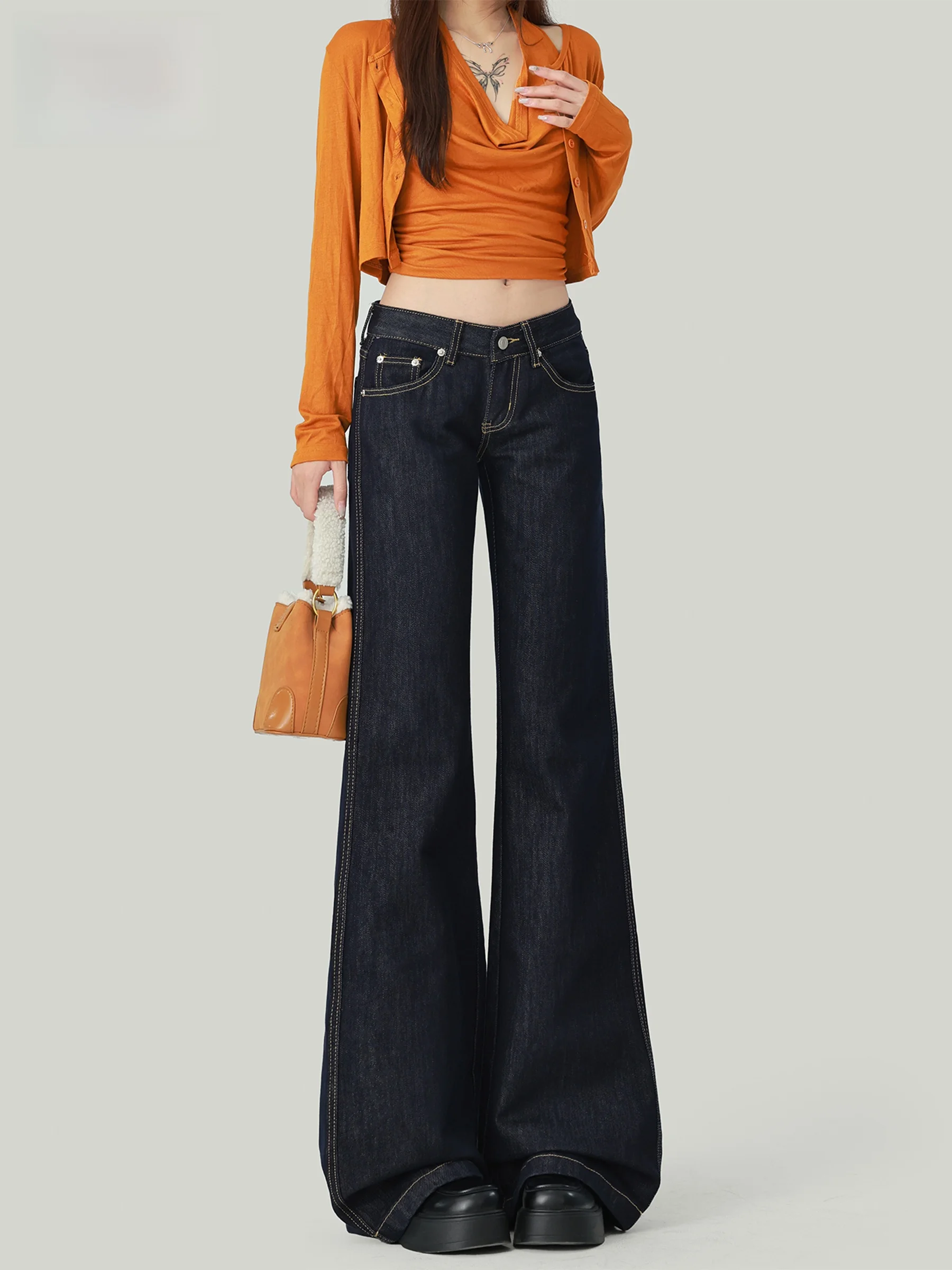 

Low Waist Bell Bottom Denim Jeans Women's No Stretch Spicy Girl Style Autumn New Arrival American Retro Wide Leg Pants