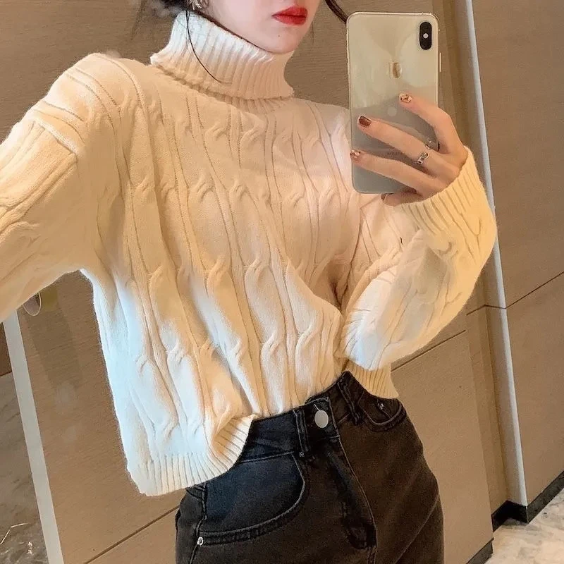 

Autumn Winter Short Turtleneck Sweater Women's Twist Long-sleeved Pullover Thickened Knitted Bottoming Shirt Top Female