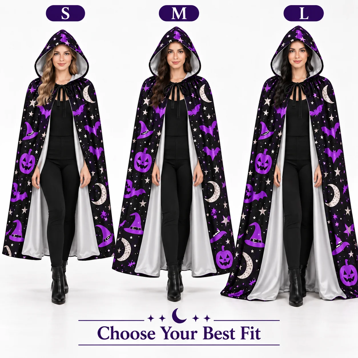 Halloween Hooded Cloak Witch Cape Adult Costume Purple Black Printed Cape for Party Magic Stage Performance Film Theater Cosplay - view 5