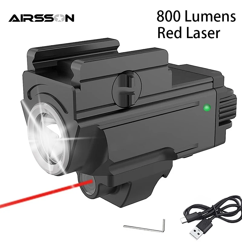 800 Lumens Pistol Flashlight Laser Combo Strobe Light for Gun Beam Laser Sight USB Rechargeable Weapon Handgun LED Torch