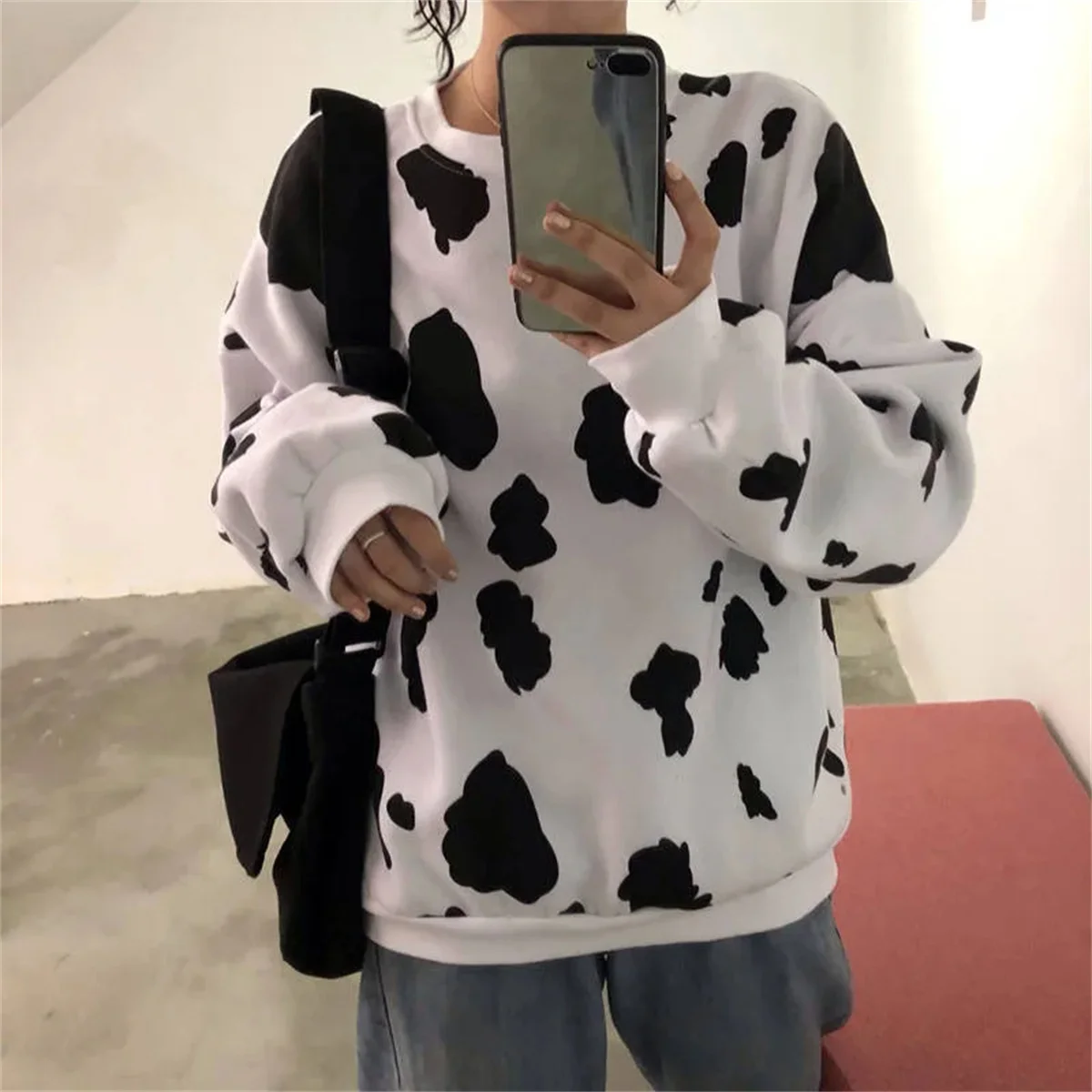 Cute Autumn Cow Milk Printed Girls Pullover Women sweatshirt Female Fashion Loose hoodie sweatshirts O-neck Hoodie Females