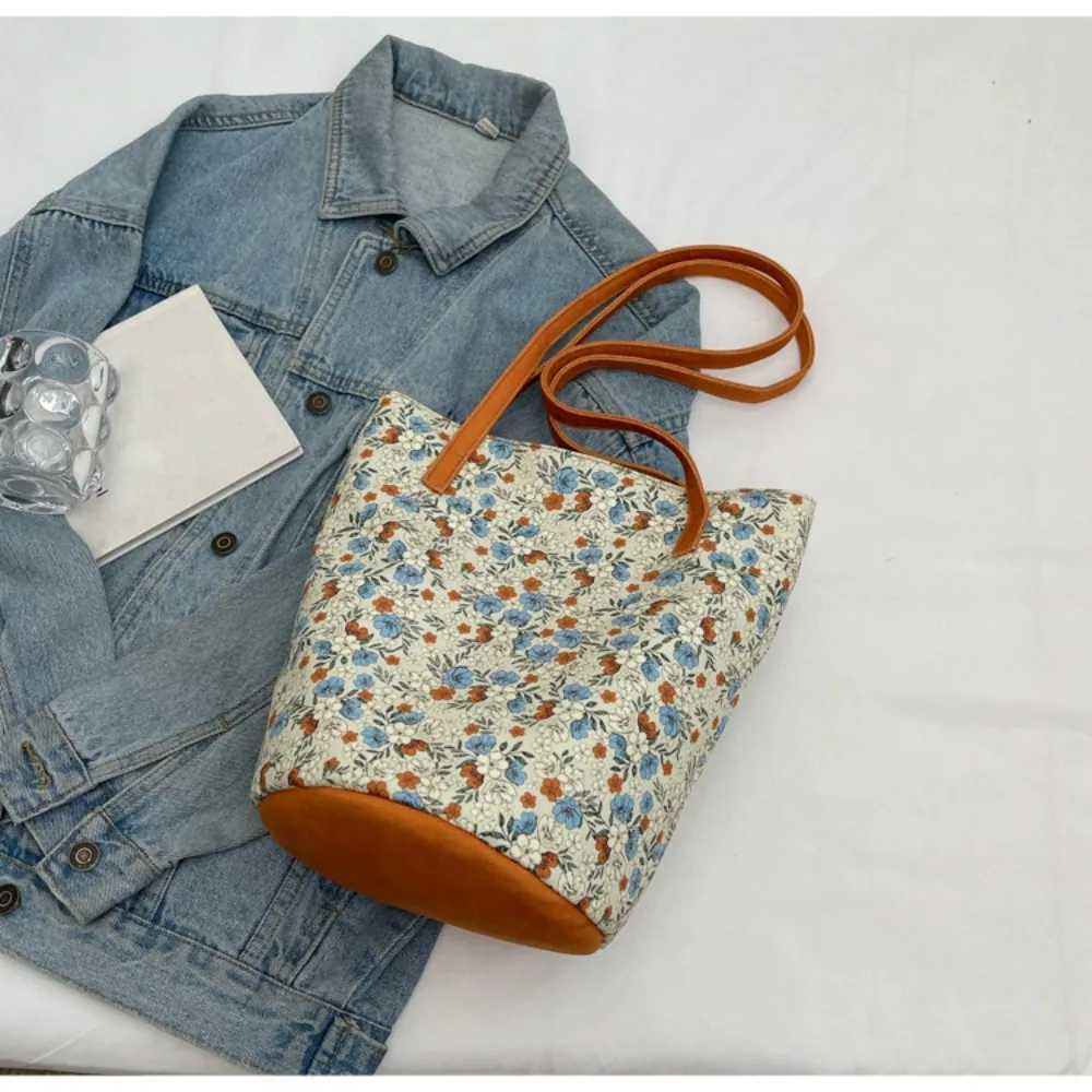 New Floral Pattern Bucket Bag Casual Canvas Shoulder Bag Creative Large Capacity Handbag for Women