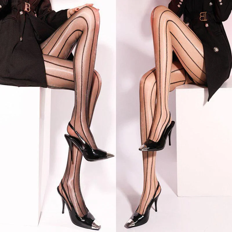 

Retro Oil Shiny Women Sexy See Through Pantyhose Vertical Stripes Printed Pattern Tights Open Crotch Thigh High Silk Stockings