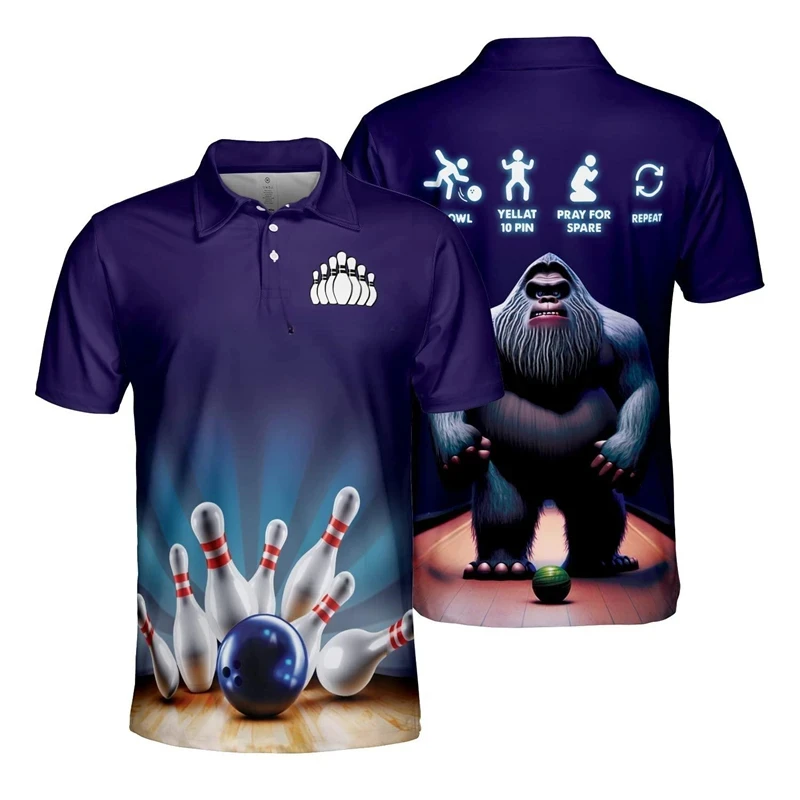 Kaus Polo tim Bowling olahraga motif 3D kaus Polo lengan pendek Gutterball Club Polo grafis untuk pria kaus kancing besar