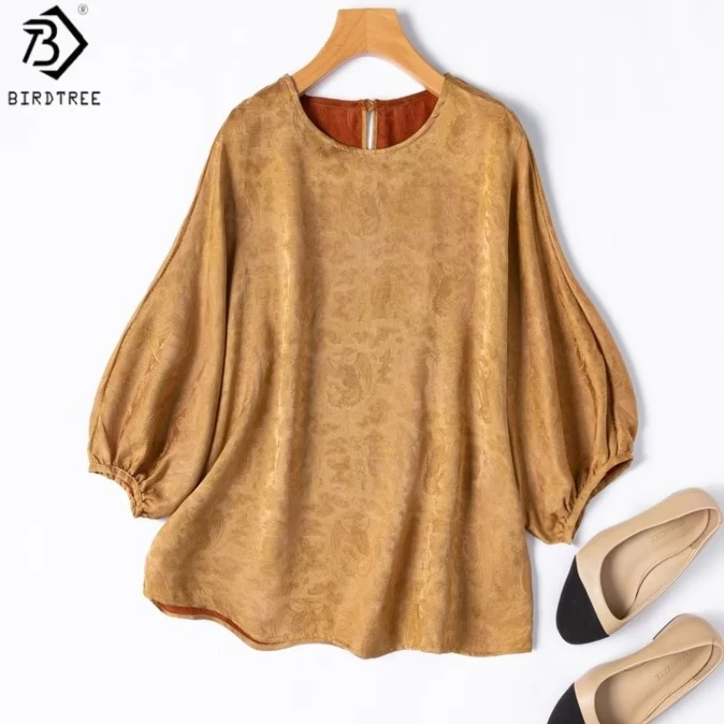 

Birdtree 100% Mulberry Silk Camel Golden Blouse,Women Jacquard Lantern Sleeve O-neck Loose Shirt Tops,2025 New T57305JF