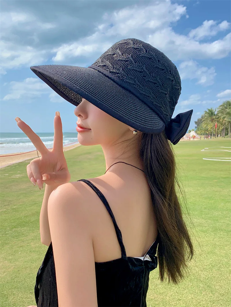 Women Ponytail Straw Sun Hat Wide Brim Visor Summer Adjustable Cap Sun Beach Foldable Hats