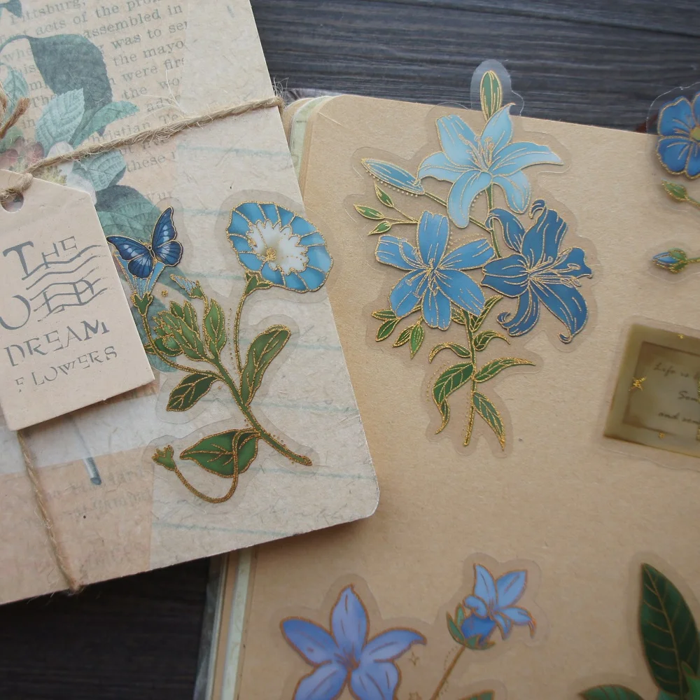 15pcs Big Size Gold Red Flower Blue Butterfly Brown Plant Style PVC Sticker Scrapbooking DIY Gift Decoration Tag