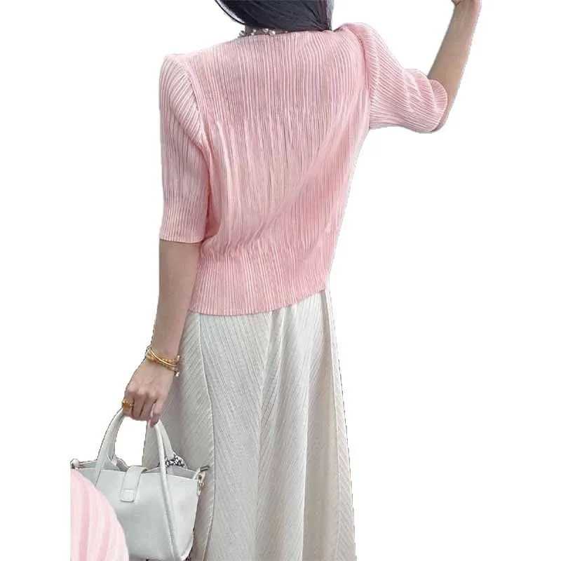 Miyake 2025 여름 신상 주름 단색 반팔 블라우스 고급 패션 캐주얼 다재다능한 단순한 기질