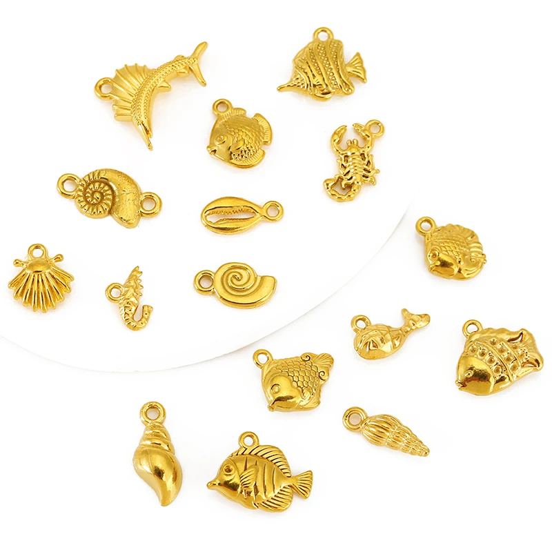5pcs Stainless Steel Gold Plated Fish/Shrimp/Conch/Shell Charms Pendants for DIY Bracelets Necklace Jewelry Making Accessories