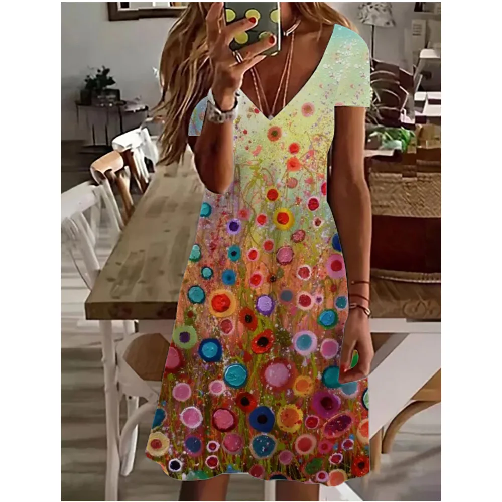 Women Casual Short Sleeve T-shirt Mini Dress Basic Colorful Floral Flower Butterfly Funny 3d  Print Vacation Dresses For Beach