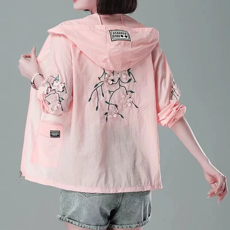 Embroidery Print Hooded Thin Coat Spring Summer Oversize 5xl Loose Jackets Women Casual Sun Protection Outwear Elegant Chaquetas