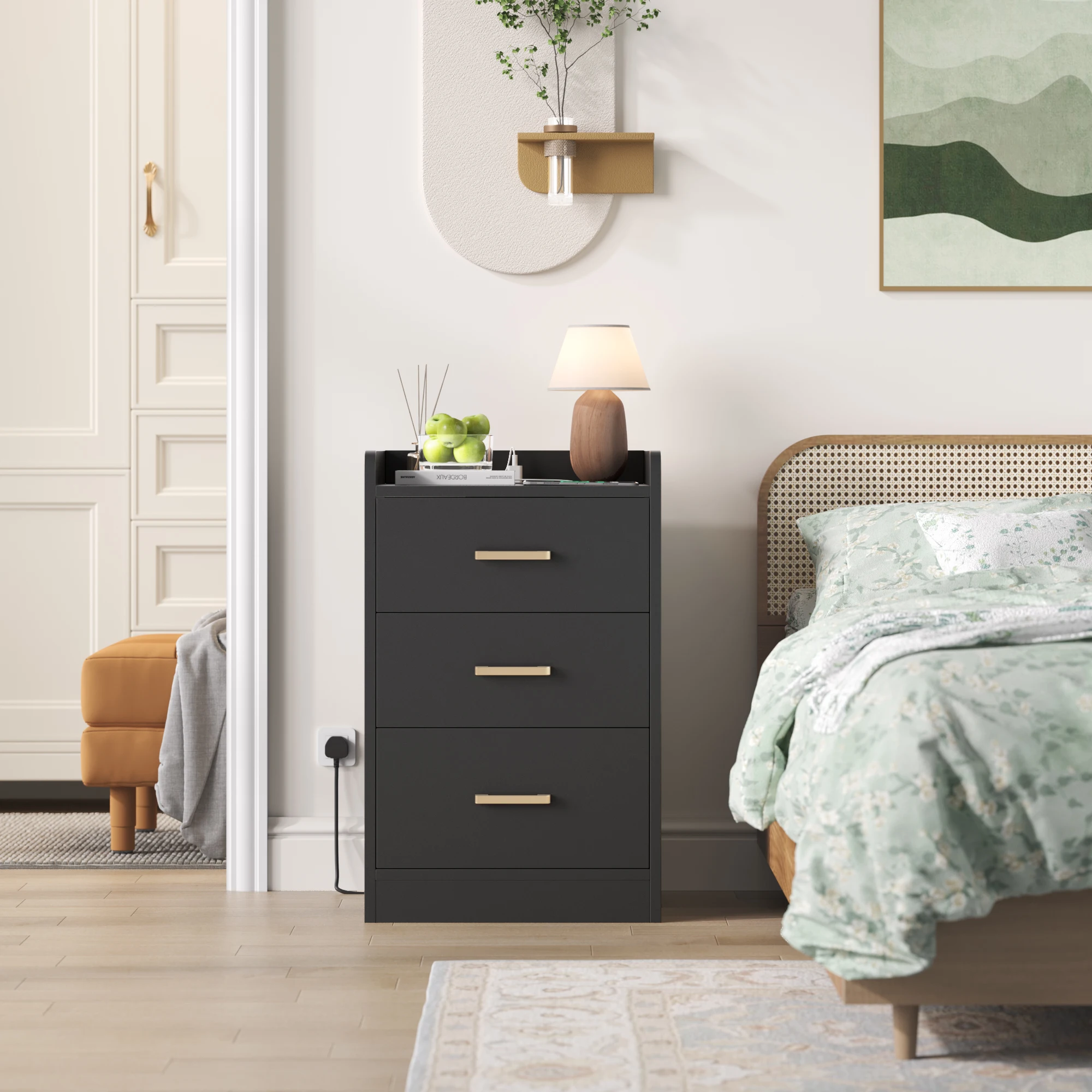 طاولة بجانب السرير من Getone مع قاعدة شحن، طاولة جانبية مع 3 أدراج، منضدة، 2 منفذ تيار متردد، 2 USB أبيض/أسود #6