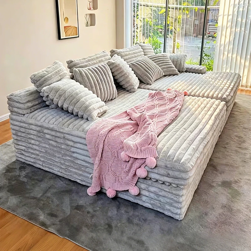 Thick Stripe Flannel Vacuum Compression Modular Sofa Lazy L-Shaped Chaise Fabric Sofa Bed for Large Villa Living Room Furniture