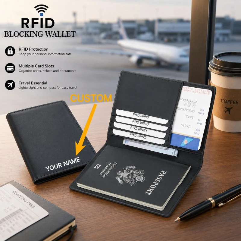 RFID Top Grain Leather Passport Holder Personalized Engraved Travel Wallet Anti-Theft Document Organizer for Men Women