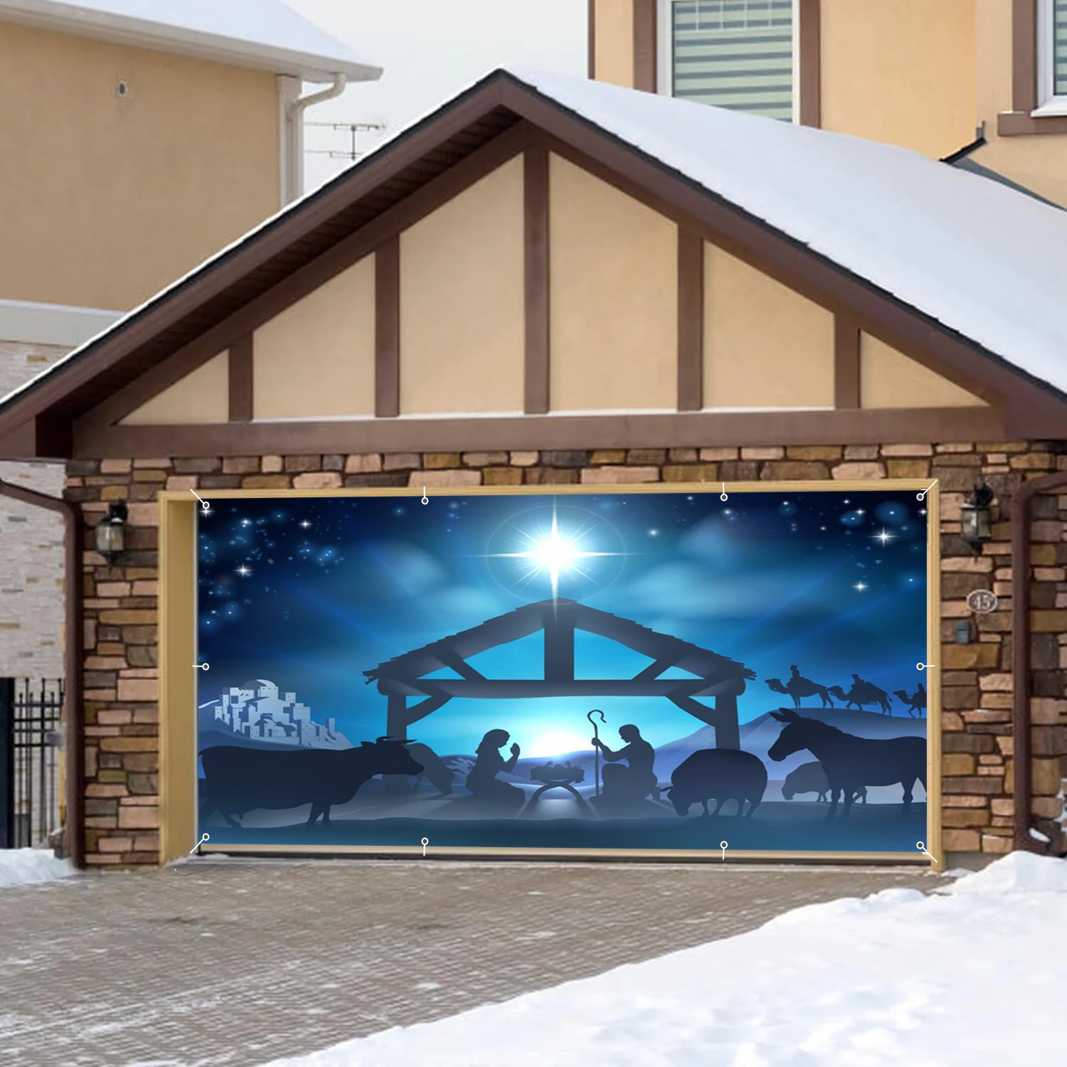 Christmas Birth of  Jesus Garage Wall Background Berle Star Blue Starry Sky Outdoor Home Courtyard Garage Door Frame With Hooks