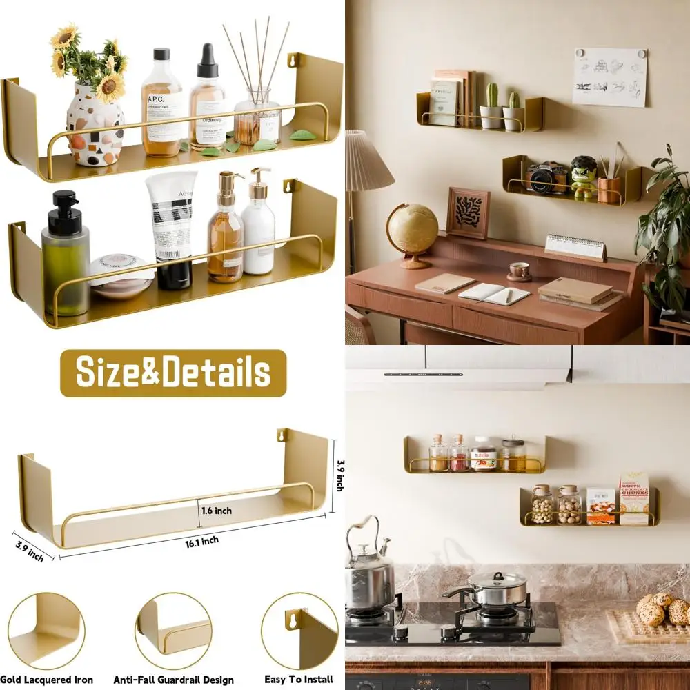 

16 inch gold floating shelves set of 2, narrow iron bathroom shelves with guardrail, u-shaped wall mounted shelf for home decor
