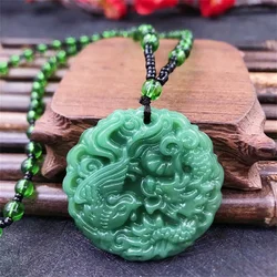 Fashion Green Jade Stone Hand-Carved Dragon Phoenix Cross Jade Pendant Necklace Chinese Amulet Women Man's Lucky Jewelry Gift