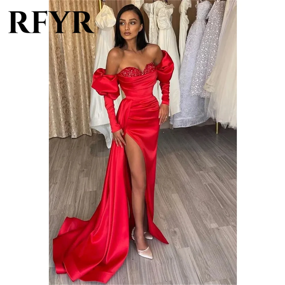 

RFYR Gorgeous Red Prom Dress Sweetheart Bubble Sleeves Evening Dresses With Ruffles Sequins Party Dress High Side Split 프롬드레스