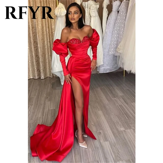 RFYR Gorgeous Red Prom Dress Sweetheart Bubble Sleeves Evening Dresses With Ruffles Sequins Party Dress High Split Customized AliExpress