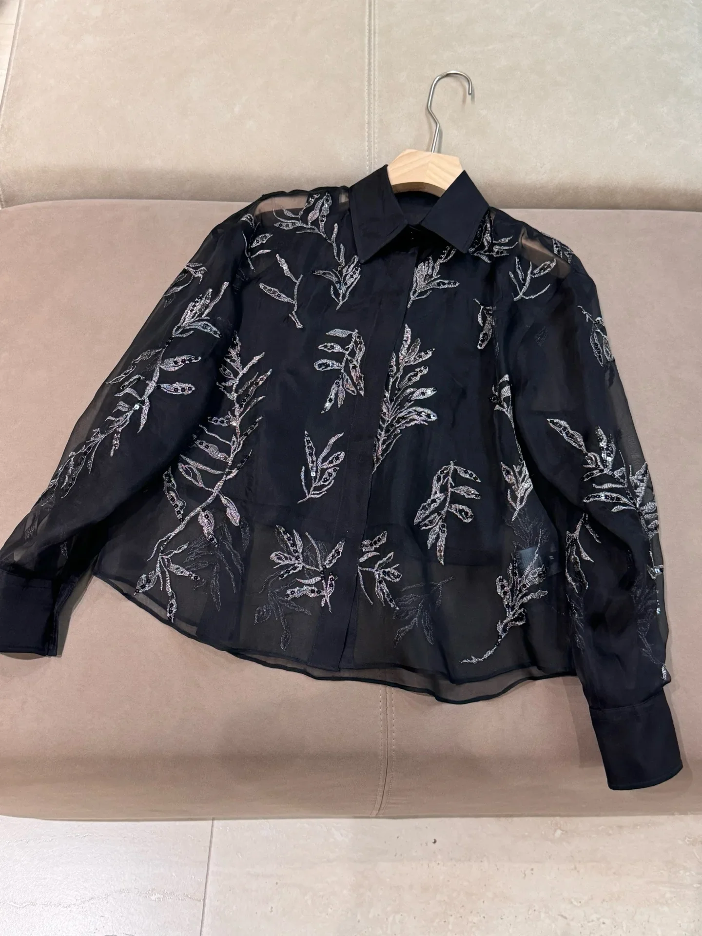 

Spring 2025 Women's 100% Silk Shirt Sequins Embroidery Turn-down Collar Single Breasted Long Sleeve Fashion Ladies Blouse