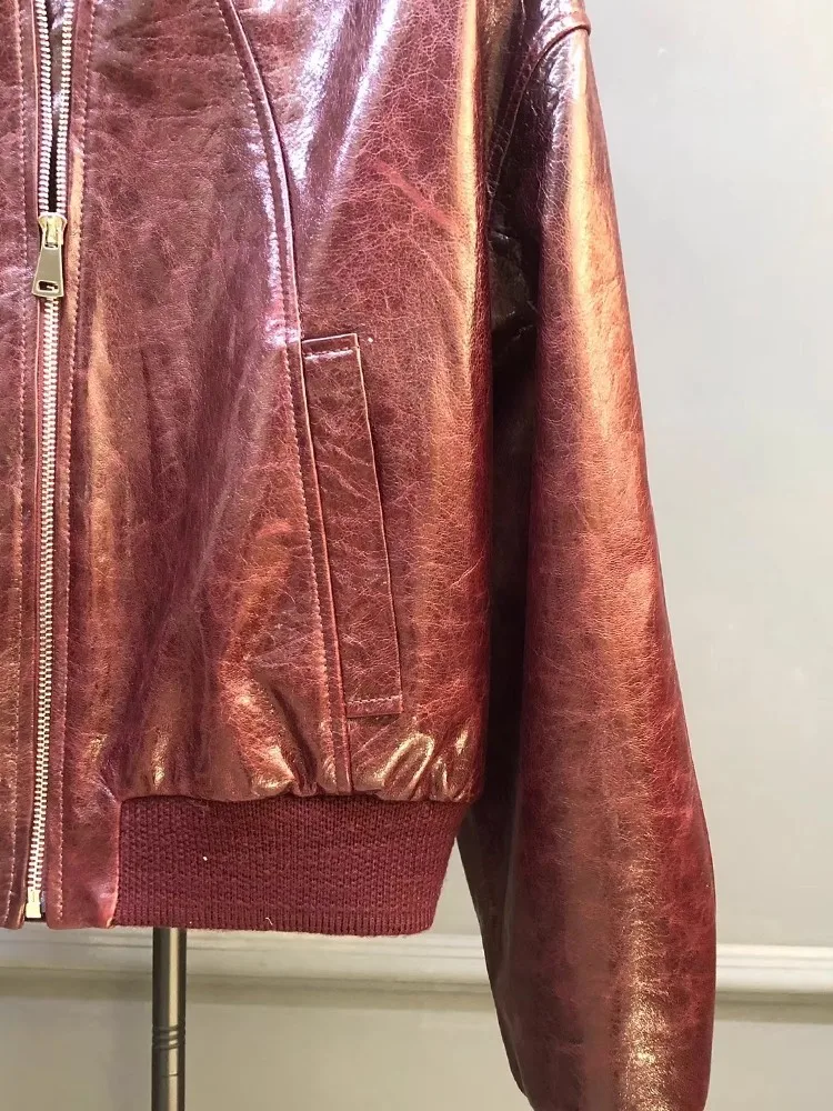 جديد مصمم المرأة زيبر الخامس الرقبة فضفاضة تناسب Bomber سترة الخريف يندبروف النفط الشمع جلد الغنم جلد طبيعي سترة أنيقة تحمل شعار لعبة البيسبول معطف