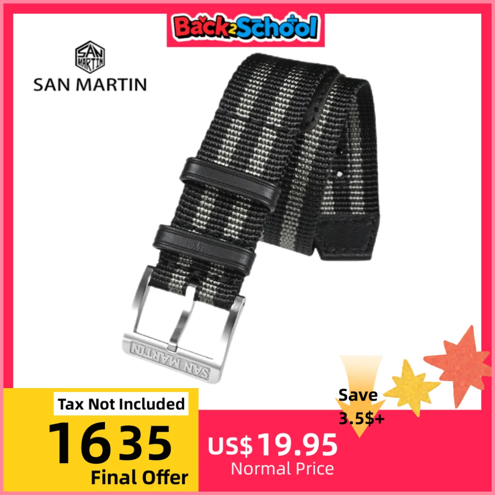 

San Martin 20mm High Density Premium Nylon Watchband For Watch With Lug Width Solid Steel Pin Buckle Retro Leather Loops SN0105
