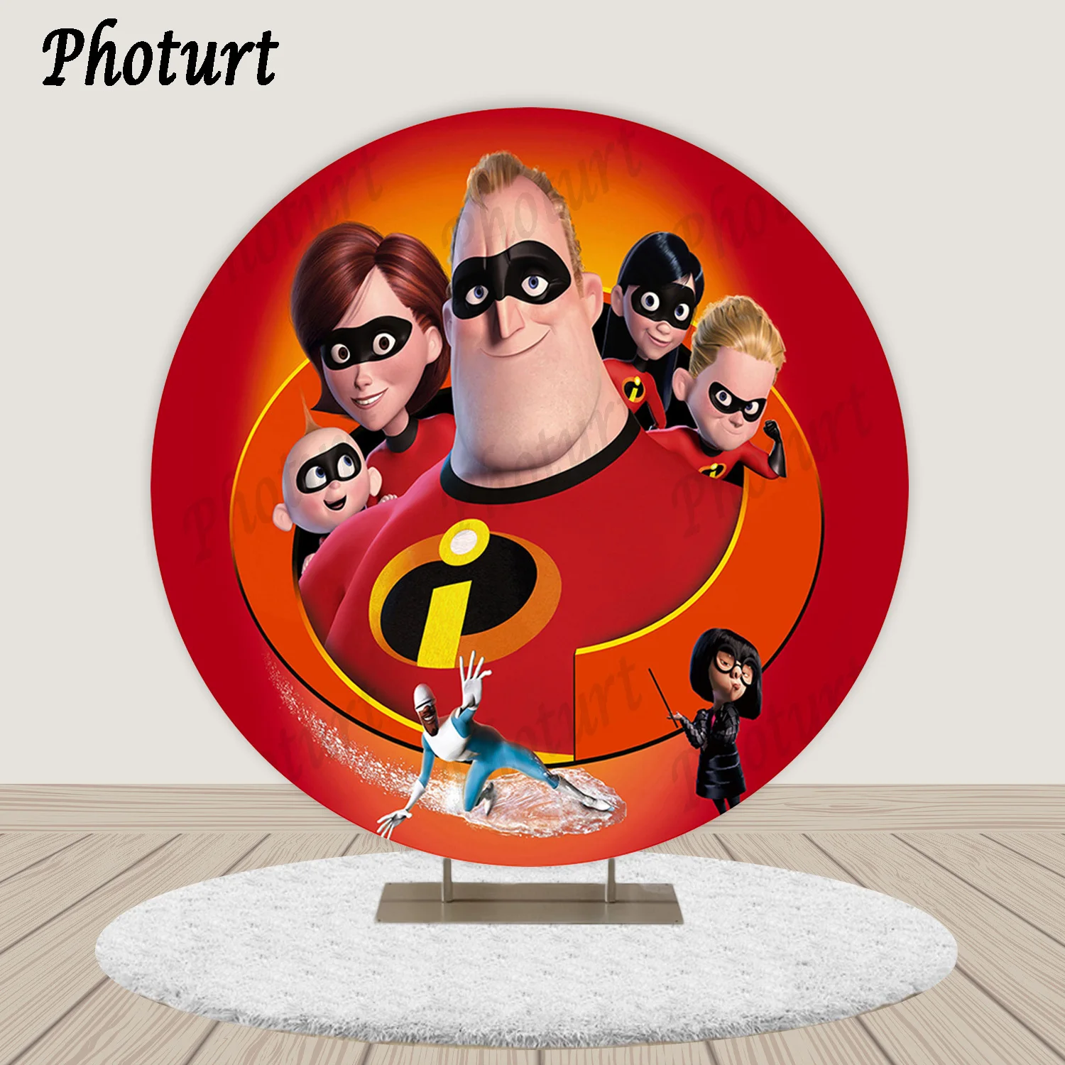 

Round the Incredibles Family Backdrop Kids Birthday Decoration Background Red Superman Vinyl Polyester Photography Decor Props