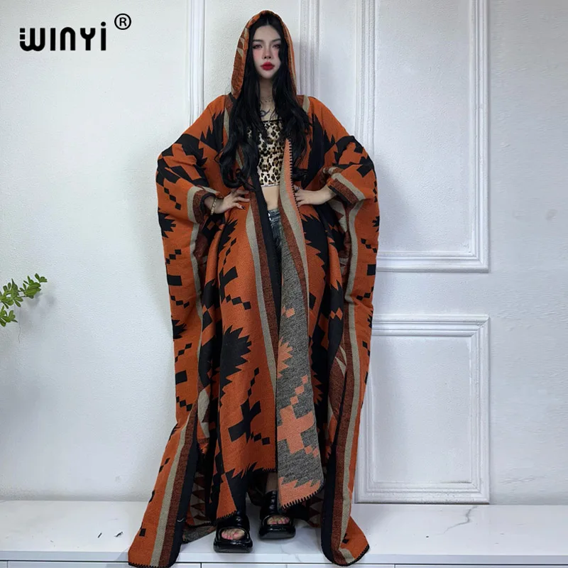 WINYI African Winter coat outfits Women high quality dress Loose autumn Female kaftan poncho dress Hooded mop coat fashion Abaya