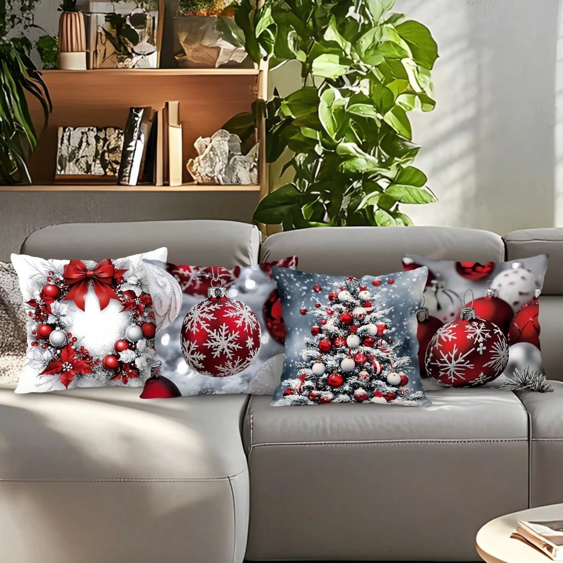

1pc Christmas Themed Throw Pillow Covers Set, Red Silver Ornament & Tree Festive Pattern, Chic Home Accent & Gift for Christmas