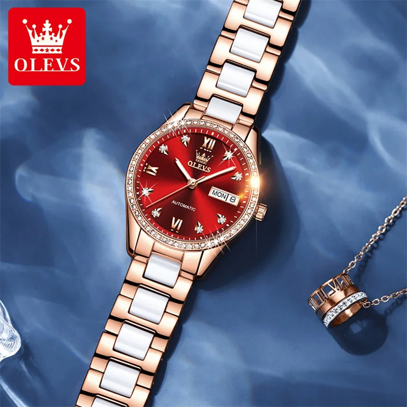 OLEVS Luxury Top Brand Watch For Women Automatic Mechanical Watches Fashion Ceramic And Steel Belt Ladies Clock Relogio Feminino