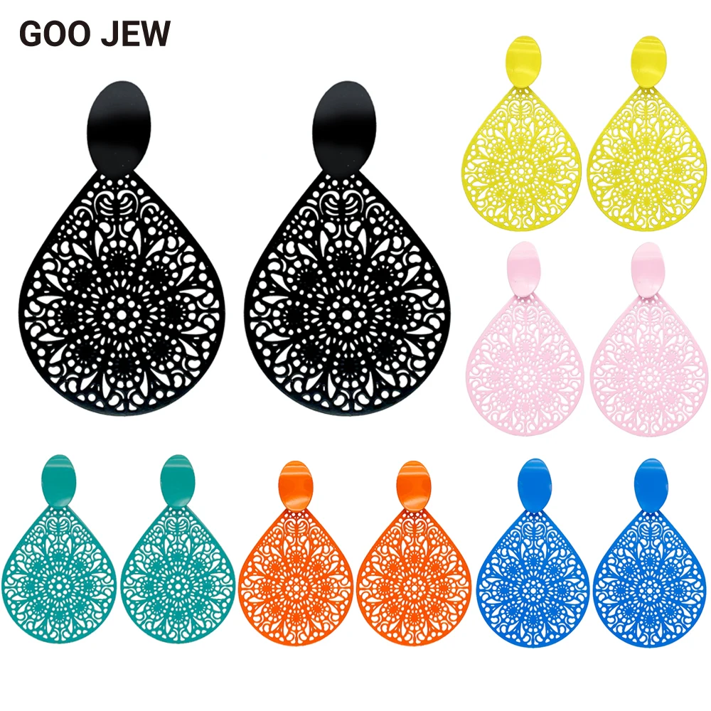 GOO JEW Exquisite Hollow Teardrop Filigree Stud Earrings Colorful Easy Matching Earrings for Women Fashion