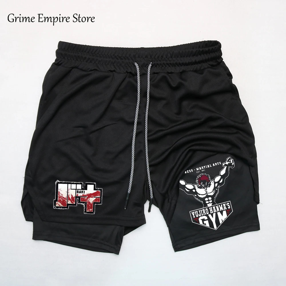 Pantalones cortos de gimnasio para hombre y mujer, Shorts de malla de secado rápido, estampado de Anime Baki Hanma, Manga, 2 en 1