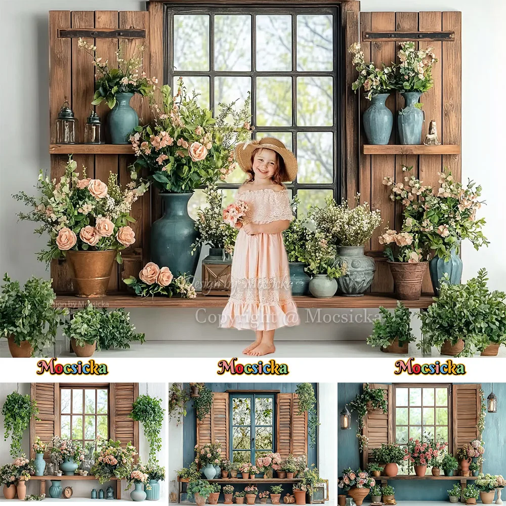 

Spring Easter Background Photography Rustic Wooden Window Potted Plant Garden Backdrop Decor Kids Girls Birthday Photo Studio