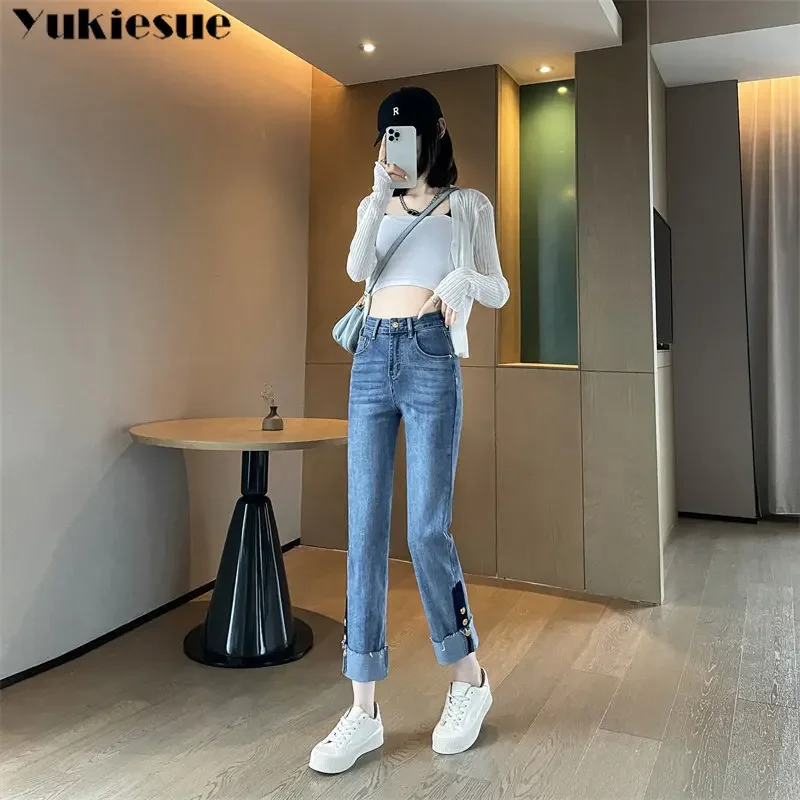 Nova cintura alta feminina magro ajuste calças de colheita estiramento retro moda casual calças femininas jeans retos 2023 primavera verão