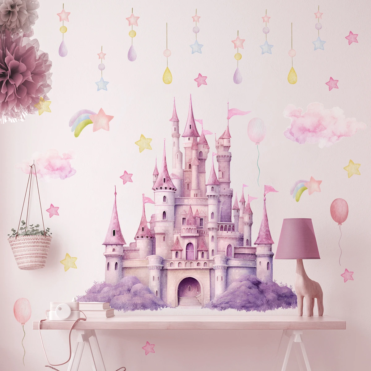 2sheet/set Pink Castle Wall Decals,  Clouds Stars Wall Stickers, Balloon Wall Decor for Kids Girls Bedroom Nursery Home