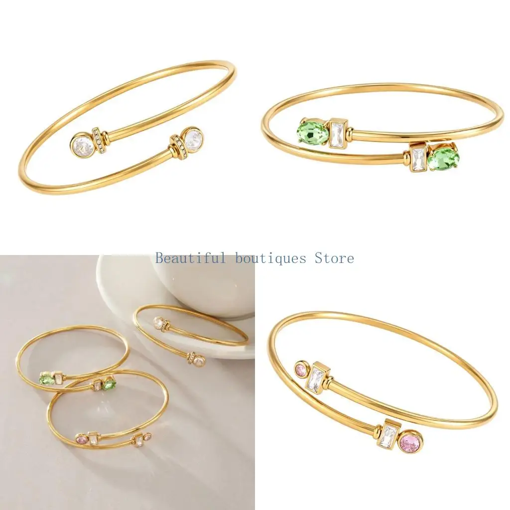 U4LF Daily Wear Open Cuff Bracelet for Women with Gold Tone Stainless Steel and Zircon Accent Detail for Gift Styling