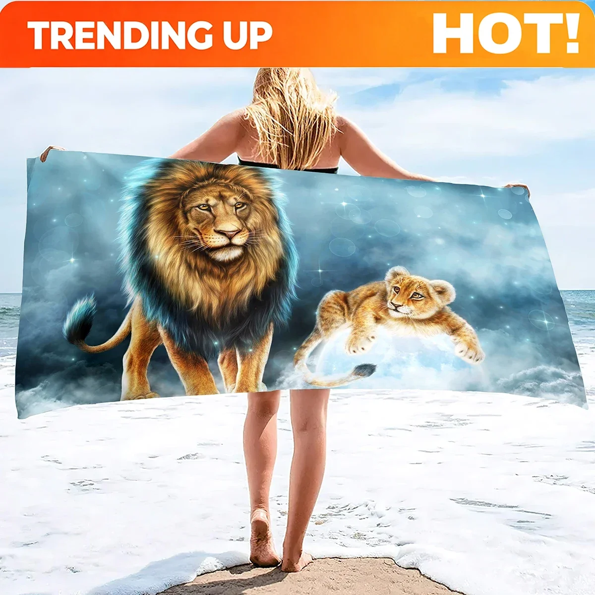 Toallas de Playa Personalizadas con Diseño de León, Rey Salvaje de los Animales, con Ojos Escarpados y Plumas Marrones, Microfibra Suave para Baño, Cabello y Manos
