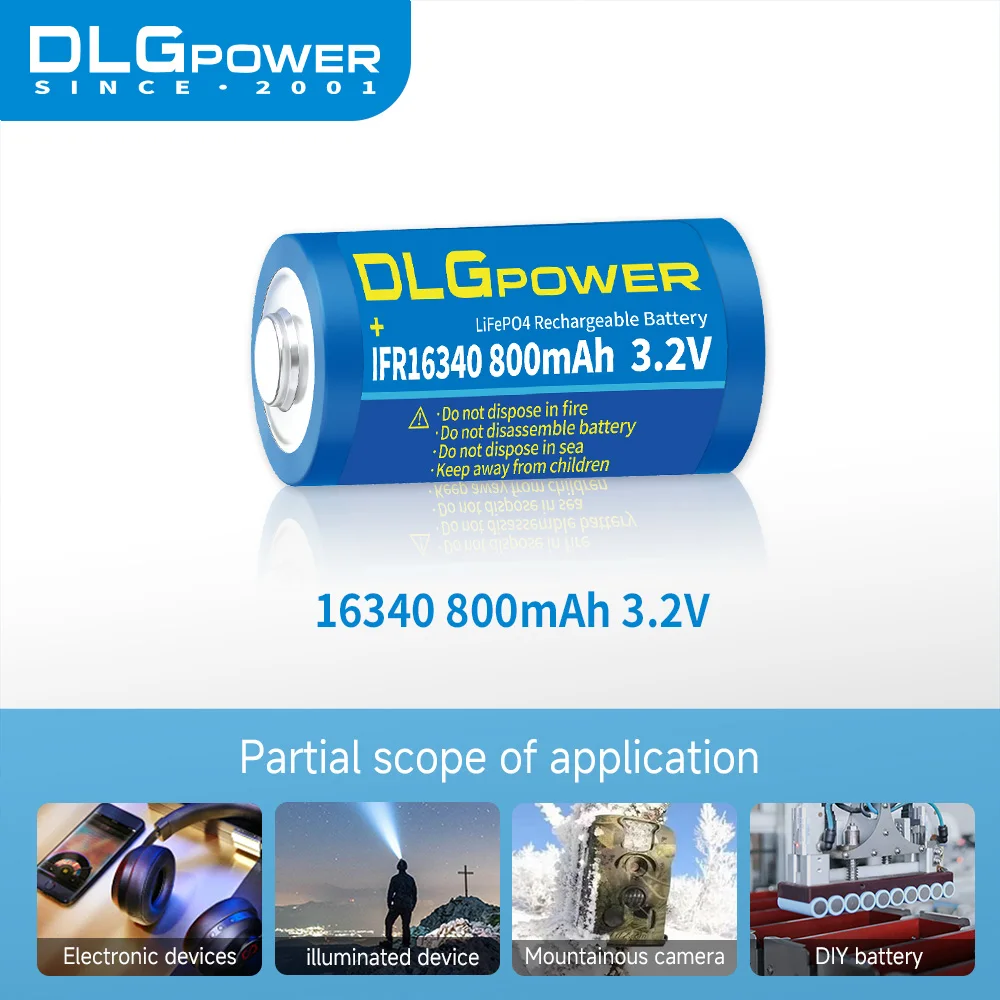 DLGPOWER 16340 800mAh LiFePO4 Rechargeable 3.2V IFR16340 Battery 2000 Time Discharge Cycle for Camera Smoke Alarm Headlamp