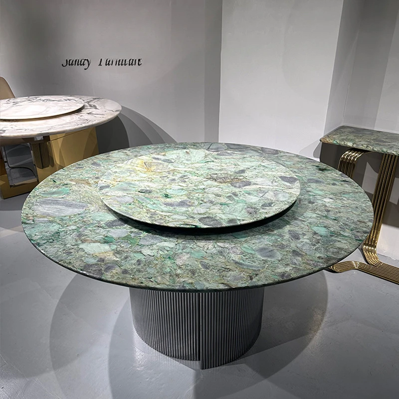 Natural marble table round with turntable villa room home large dining table emerald luxury stone