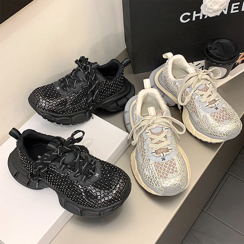 

Рыболовная сеть со стразами, жареная уличная обувь в иностранном стиле для папы, весна 2021, новая удобная спортивная обувь на платформе