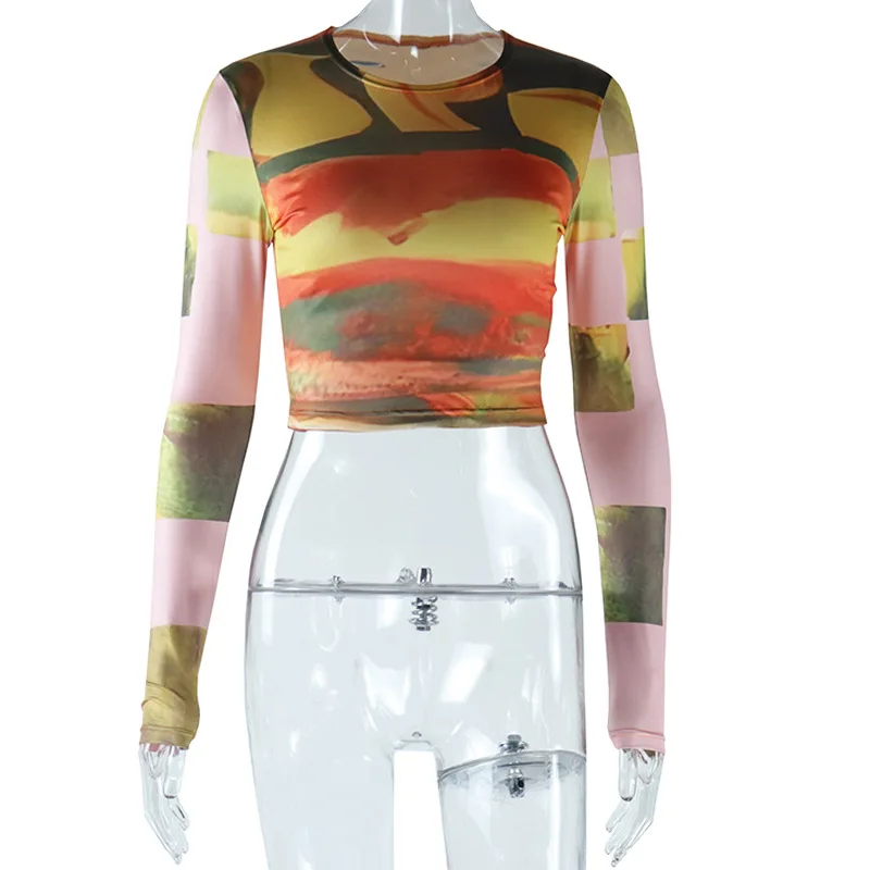 أنيق سيدة التعادل صبغ مطبوعة المحاصيل تي شيرت 2025 الخريف المرأة طويلة الأكمام س الرقبة المجهزة نادي حفلة الشارع تي شيرت