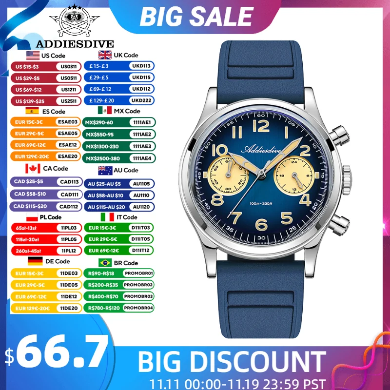 

ADDIESDIVE 38mm Men Watch 2025 New Chronograph 100m Waterproof Luminous Calendar Leisure Luxury Japan VK64 Quartz Wristwatch