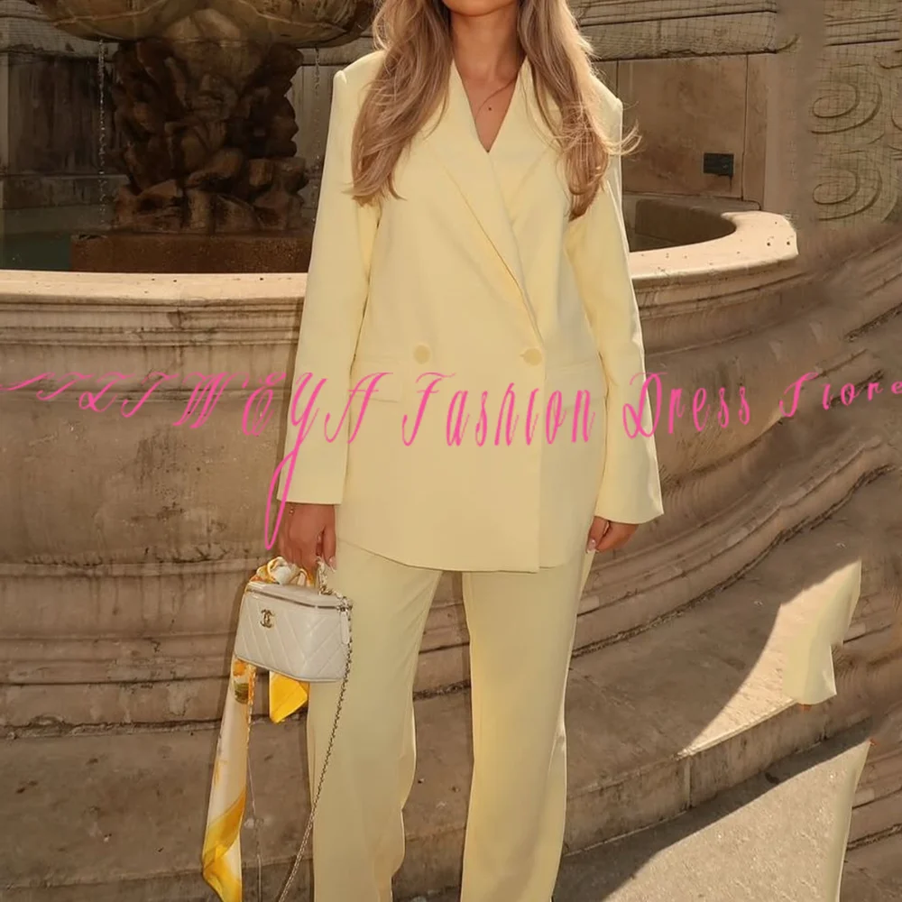 

Fashion Women Double Breasted Suit Lady Smart Casual 2 Pieces Jacket +Pant 2026 Office Commute High Street Chic Female Outfit