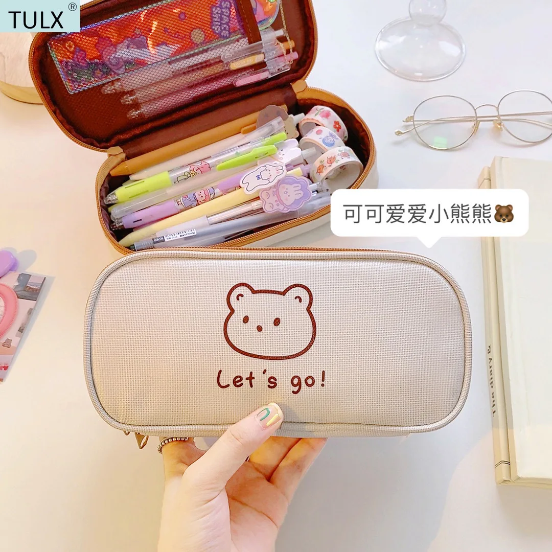 Imagem -02 - Kawaii Lona Case Lápis para Meninas Meninos dos Desenhos Animados Urso Caneta Case Bolsa Grande Capacidade Caixa de Lápis Bolsa Papelaria Presente