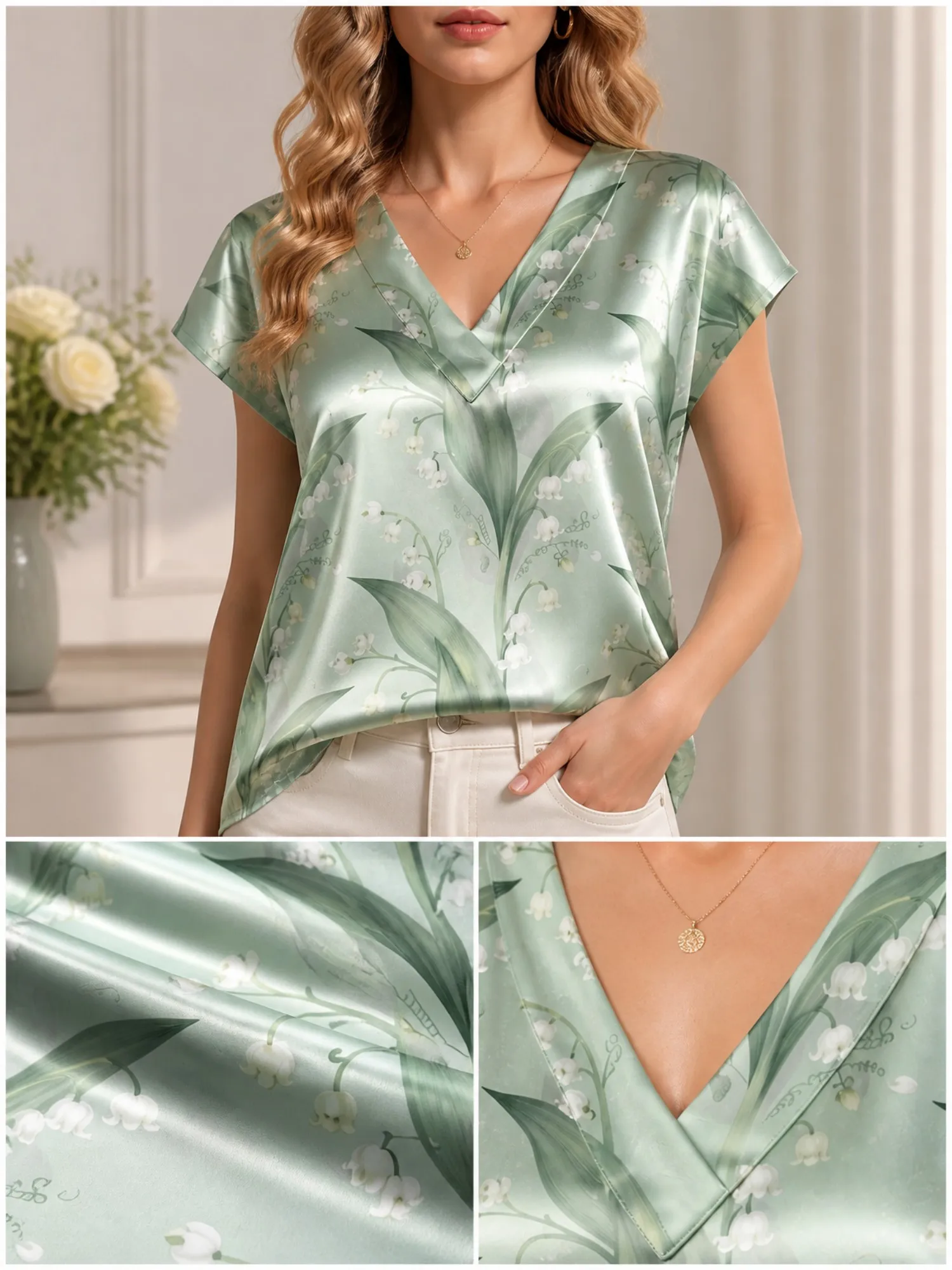 Floral Satin V Neck Top for Women Cap Sleeve Relaxed Draped Fit Silky Relaxed Beach Party Wear Lightweight Breathable Party Glam