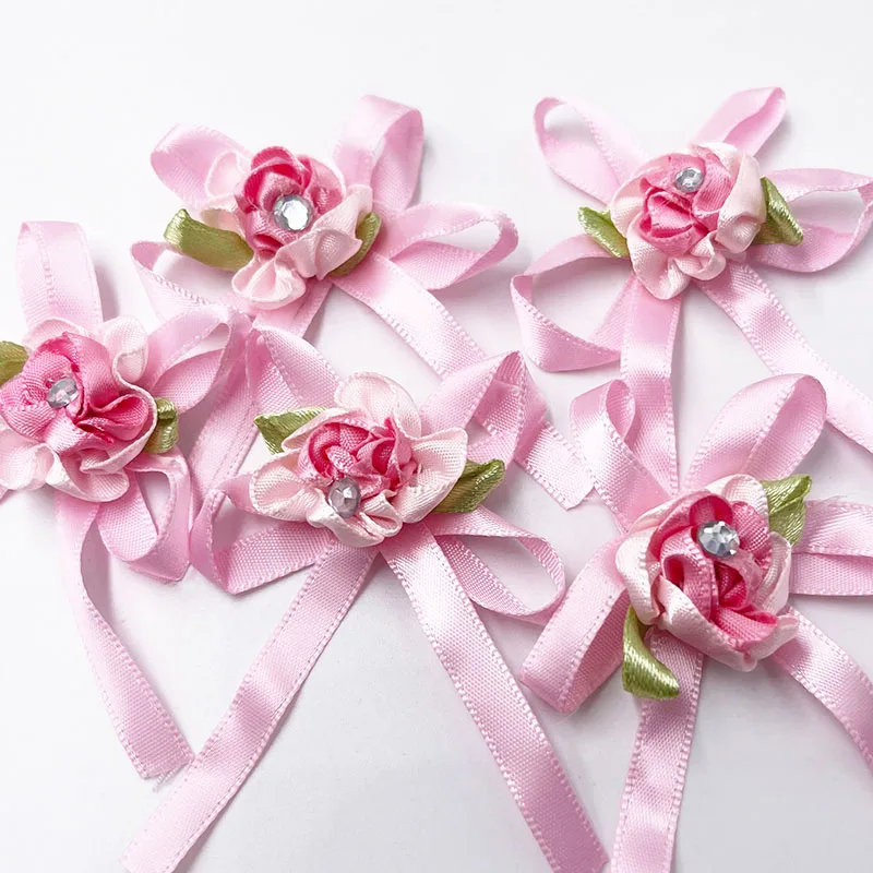 10Pcs satin ribbon flowers bow w/leaf stone wedding sewing appliques DIY B122