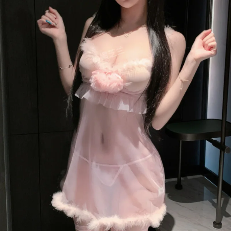 Sexy Transparent Dress Elegant Plush Sleepwear Push-Up Underwire Cute Girl Dress For Women Pure Desire Nightclub Playful XGEP - view 3