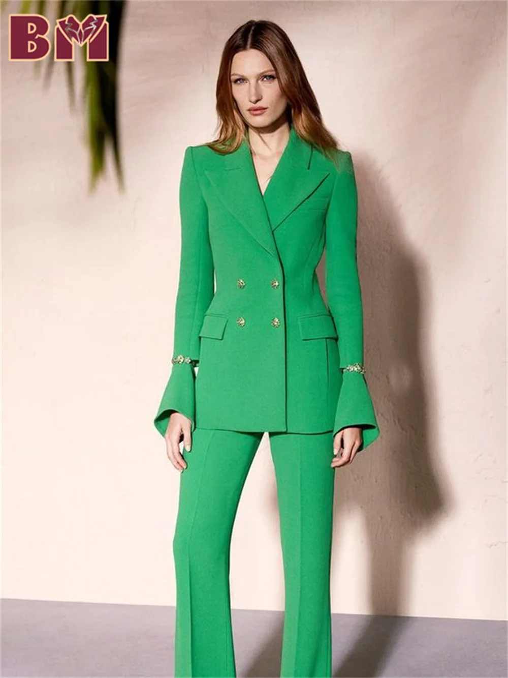 BRLMALL-2PCS Classic Green Women Suit Set Jacket Pant Charming Single Button Custpmized Suit Jacket Women Wedding Suit