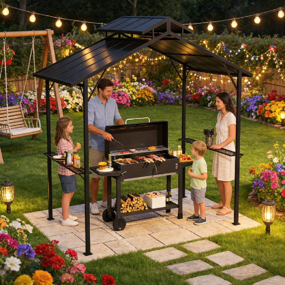 

Outdoor Wooden BBQ Gazebo, Patio Sun & Rain Protection Canopy for Gatherings
