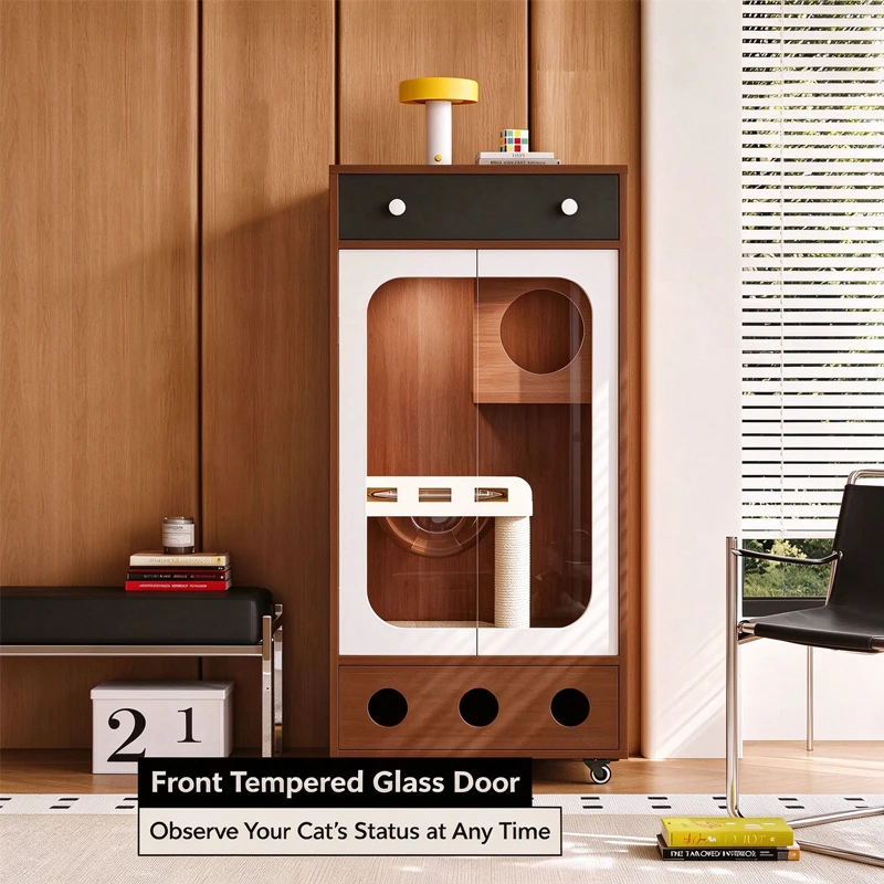 OEM/ODM Multi-layer Indoor Cat Villa with Caster Wheels, Transparent Capsule, Side Vent Hole Wooden Cat House for Cats